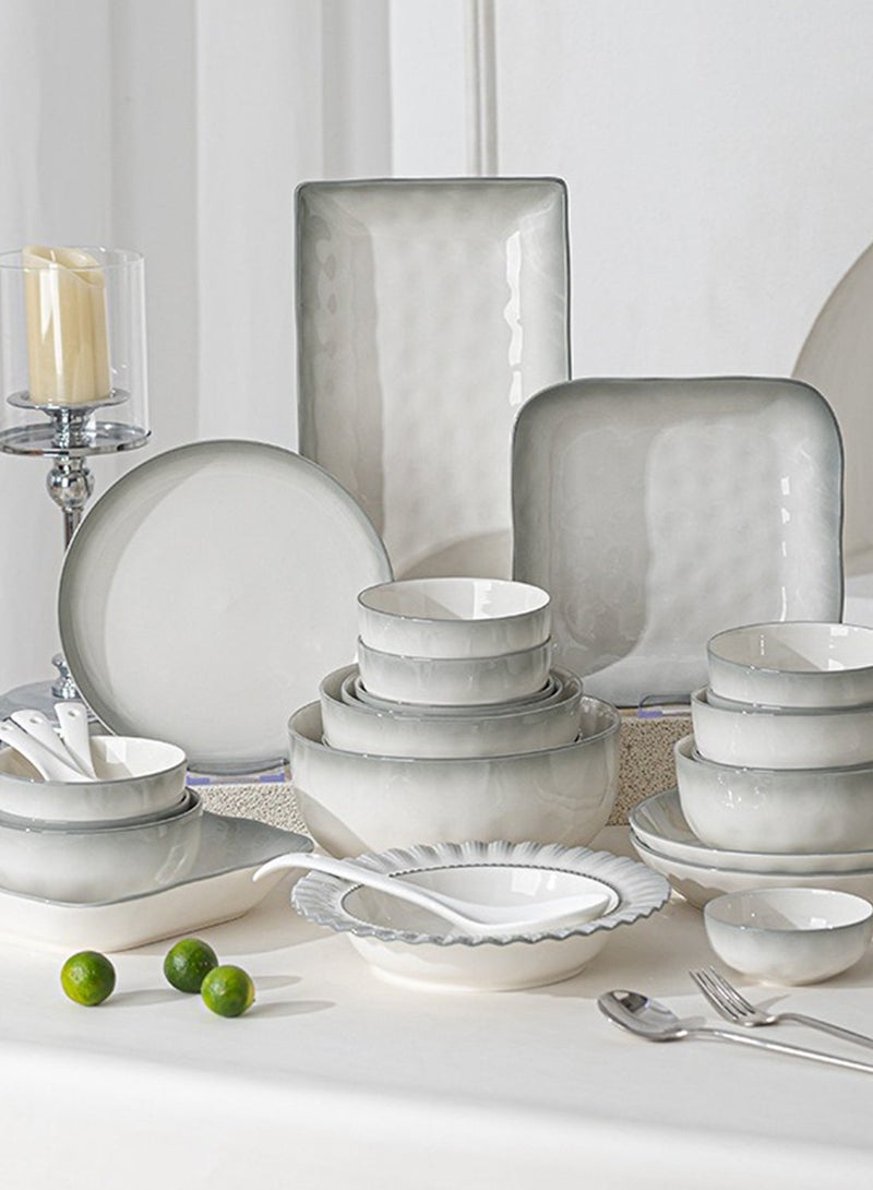 طقم عشاء من ١٨ قطعة، طقم هدايا، أدوات مائدة سيراميك كلاسيكية أنيقة، آمنة للاستخدام في غسالة الصحون والميكروويف، رمادي/أبيض - Image 5